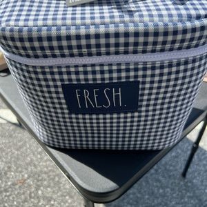 Rae Dunn lunch tote.  Navy blue checked pattern with “Fresh” label on front.